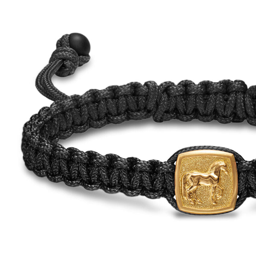 David Yurman Petrvs Horse Black Nylon Woven Station Bracelet in 18K Yellow Gold with Black Onyx, 11.9mm, Size Medium