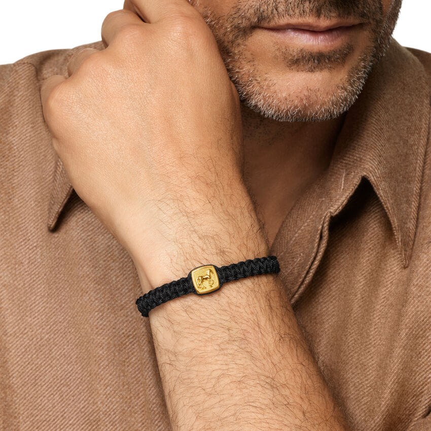 David Yurman Petrvs Horse Black Nylon Woven Station Bracelet in 18K Yellow Gold with Black Onyx, 11.9mm, Size Medium