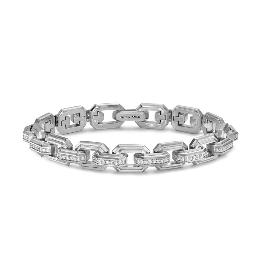 David Yurman Faceted Flat Link Bracelet in Sterling Silver with Diamonds, 11mm, Size Medium