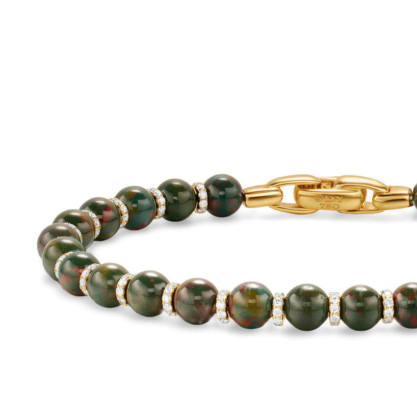 David Yurman Spiritual Beads Bracelet in 18K Yellow Gold with Bloodstone and Diamonds, 6mm, Size Medium
