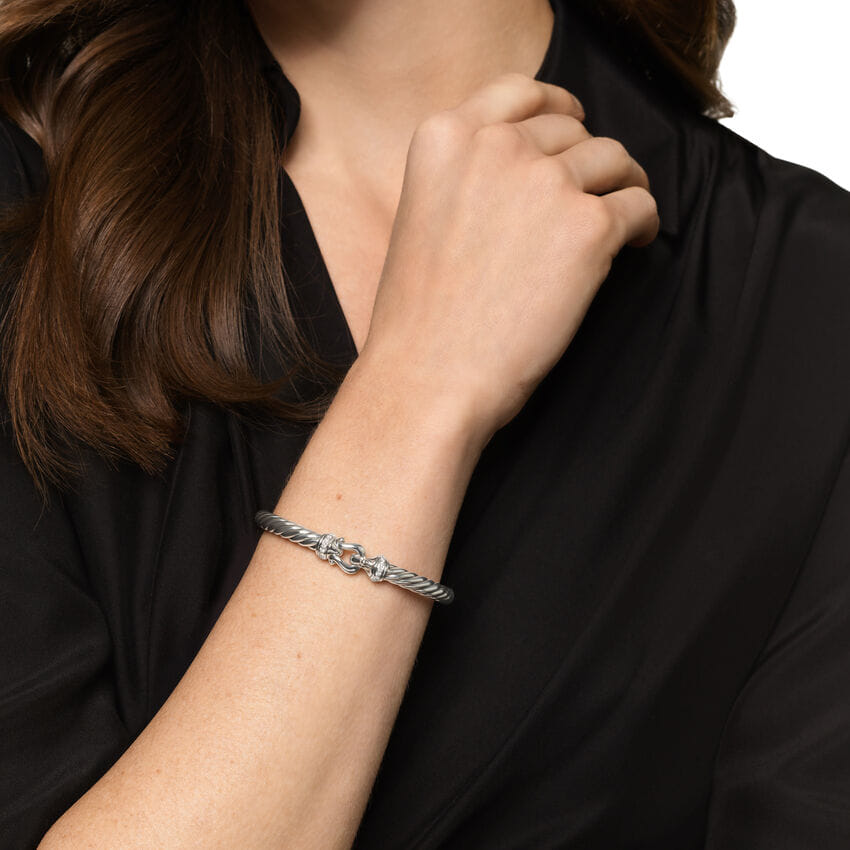 David Yurman Cable Flex Buckle Bracelet in Sterling Silver with Diamonds, 6mm, Size Medium