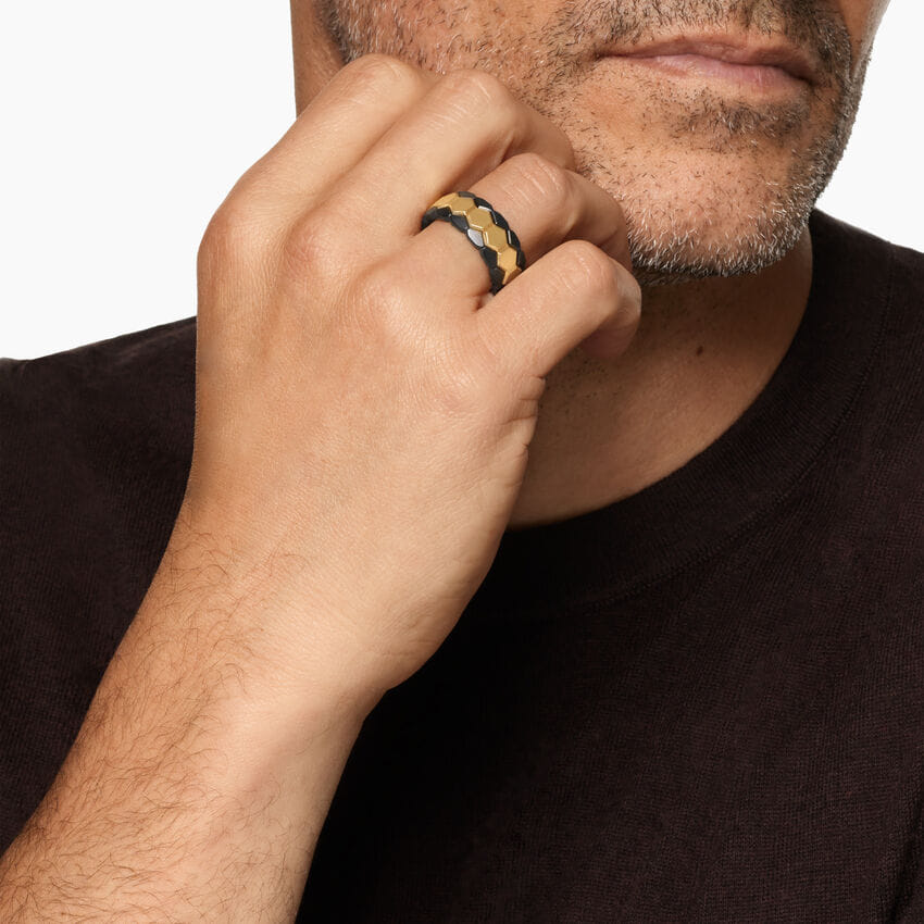 David Yurman Hex Stack Ring in 18K Yellow Gold with Black Titanium, 9.3mm, Size 9