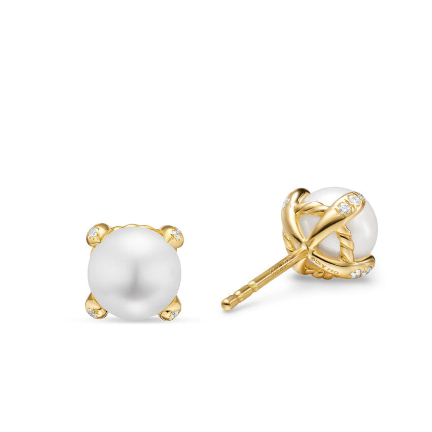 David Yurman Pearl Classics Stud Earrings in 18K Yellow Gold and Diamonds, 6.6mm