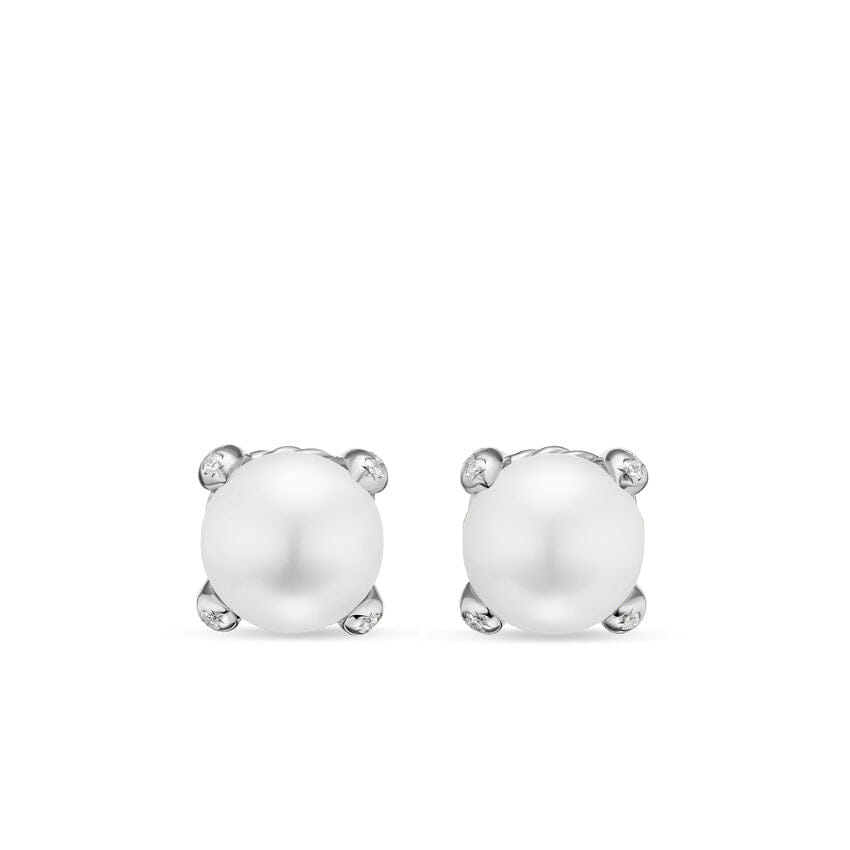 David Yurman Pearl Classics Stud Earrings in Sterling Silver and Diamonds, 6.6mm