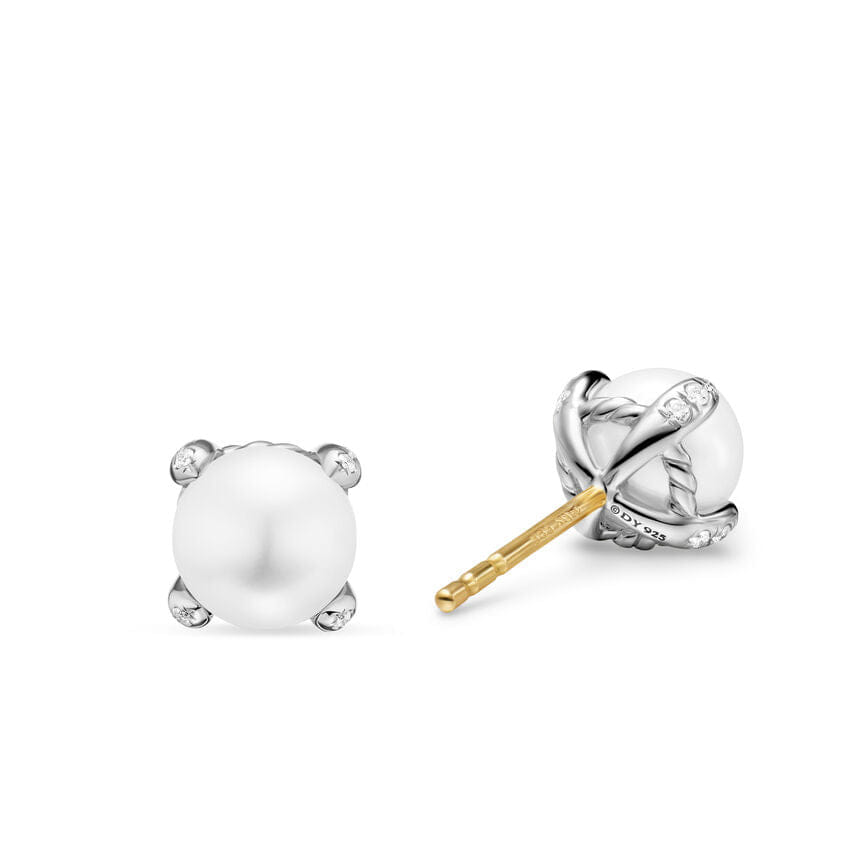 David Yurman Pearl Classics Stud Earrings in Sterling Silver and Diamonds, 6.6mm