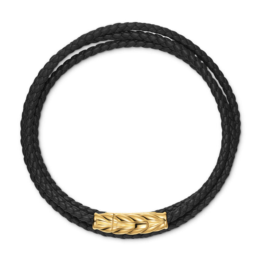 David Yurman Chevron Triple Wrap Bracelet in Black Leather with 18K Yellow Gold, 3mm, Size Medium