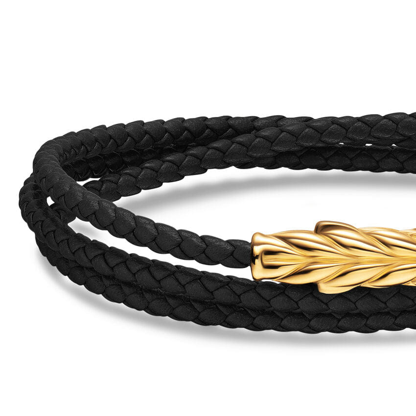 David Yurman Chevron Triple Wrap Bracelet in Black Leather with 18K Yellow Gold, 3mm, Size Medium