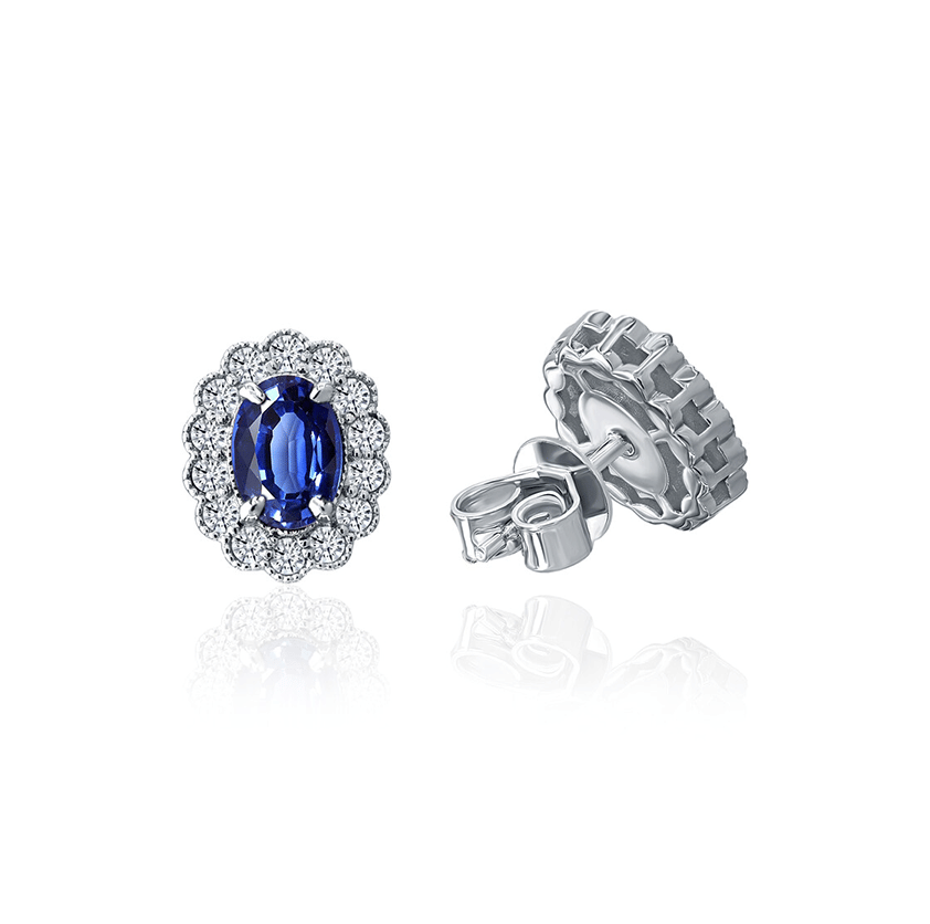 Sabel Collection White Gold Oval Blue Sapphire and Diamond Halo Earrings