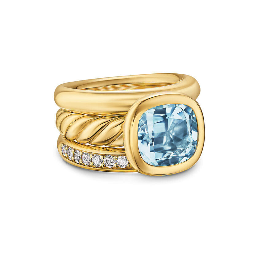 David Yurman DY Mercer Three Row Stone Ring in 18K Yellow Gold with Sky Blue Topaz and Diamonds, 12mm, Size 8