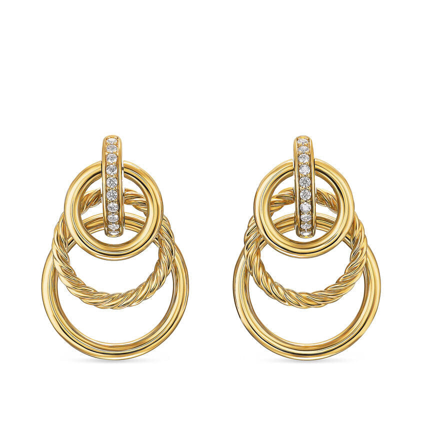 David Yurman DY Mercer Triple Ring Drop Earrings in 18K Yellow Gold with Diamonds, 35.6mm