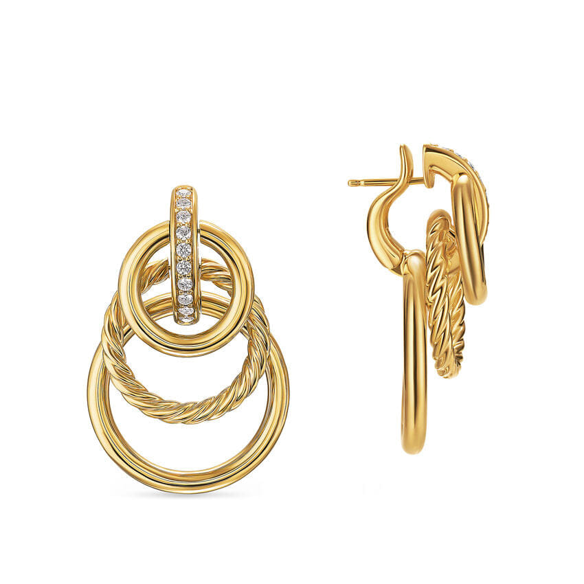 David Yurman DY Mercer Triple Ring Drop Earrings in 18K Yellow Gold with Diamonds, 35.6mm