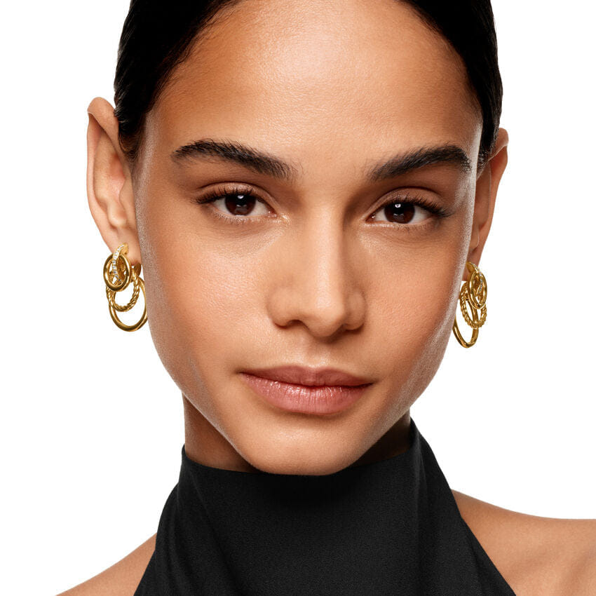 David Yurman DY Mercer Triple Ring Drop Earrings in 18K Yellow Gold with Diamonds, 35.6mm