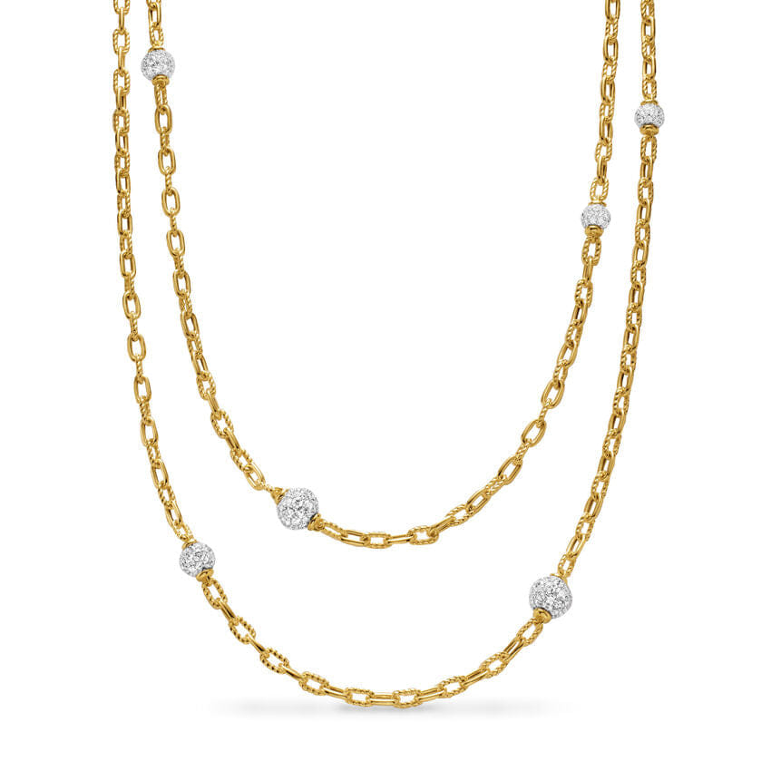 David Yurman DY Madison Pavé Bead Station Necklace in 18K Yellow Gold with Diamonds, 3mm, 36"