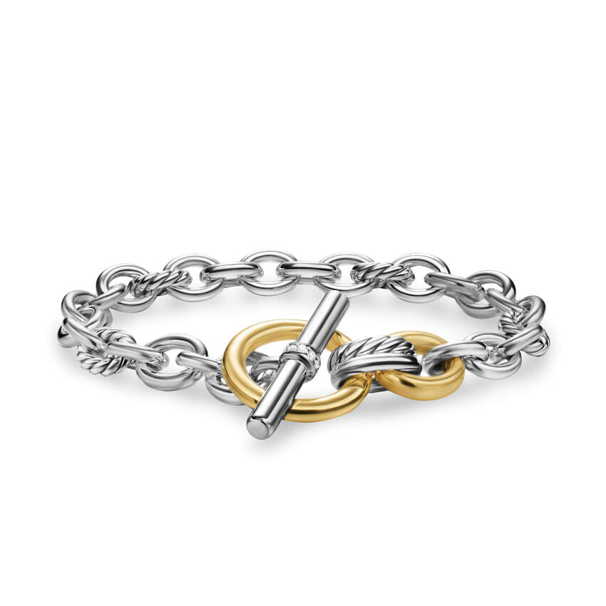 David Yurman DY Mercer Toggle Chain Bracelet in Sterling Silver with 18K Yellow Gold and Diamonds, 8mm, Size Large