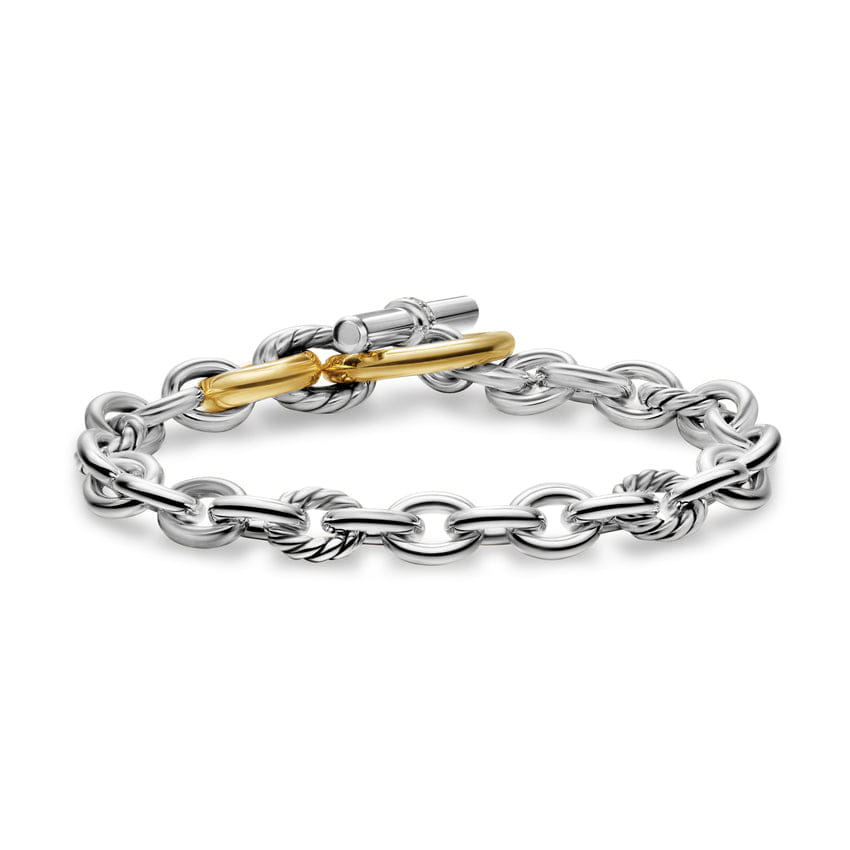 David Yurman DY Mercer Toggle Chain Bracelet in Sterling Silver with 18K Yellow Gold and Diamonds, 8mm, Size Large