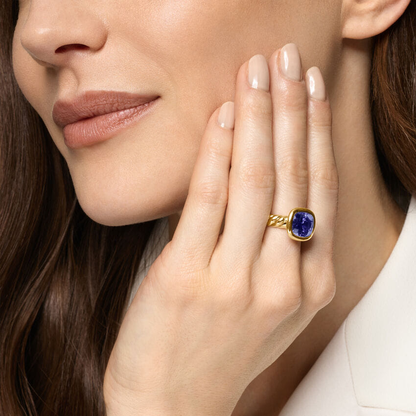 David Yurman DY Mercer Stone Ring in 18K Yellow Gold with Iolite, 10mm, Size 7