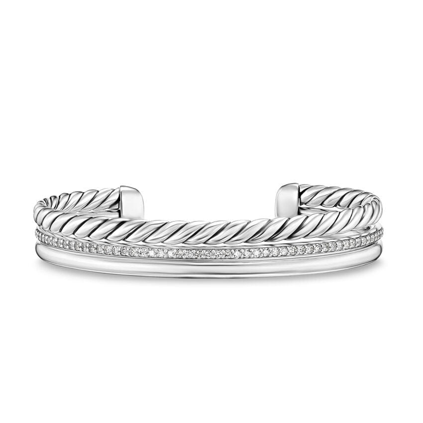 David Yurman DY Mercer Three Row Cuff Bracelet in Sterling Silver with Diamonds, 10mm, Size Medium