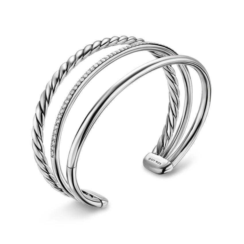 David Yurman DY Mercer Three Row Cuff Bracelet in Sterling Silver with Diamonds, 10mm, Size Medium
