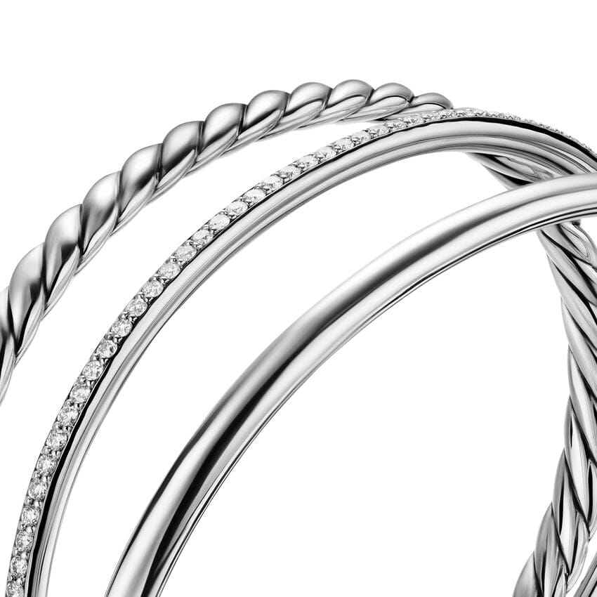 David Yurman DY Mercer Three Row Cuff Bracelet in Sterling Silver with Diamonds, 10mm, Size Medium