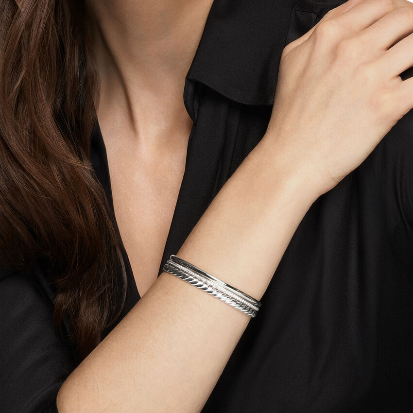 David Yurman DY Mercer Three Row Cuff Bracelet in Sterling Silver with Diamonds, 10mm, Size Medium