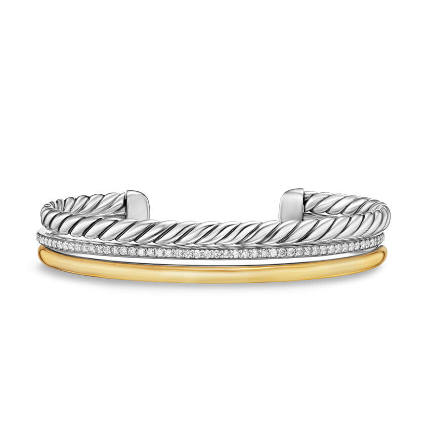 David Yurman DY Mercer Three Row Cuff Bracelet in Sterling Silver with 18K Yellow Gold and Diamonds, 10mm, Size Large