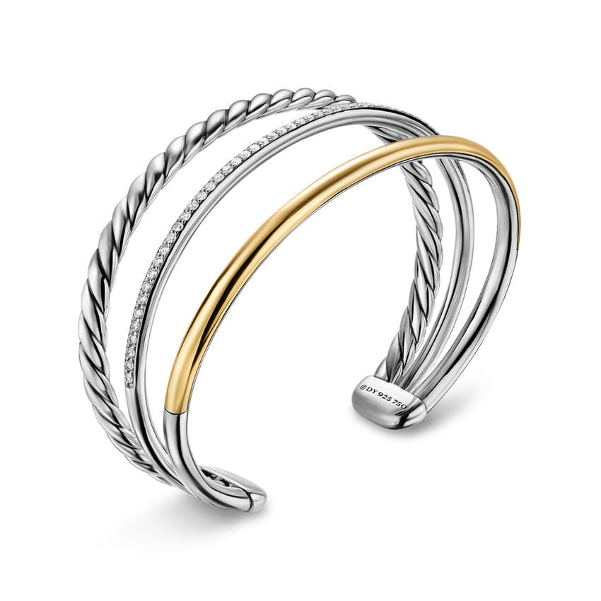 David Yurman DY Mercer Three Row Cuff Bracelet in Sterling Silver with 18K Yellow Gold and Diamonds, 10mm, Size Large
