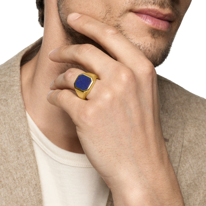 David Yurman Streamline Signet Ring in 18K Yellow Gold with Lapis, 18mm, Size 10
