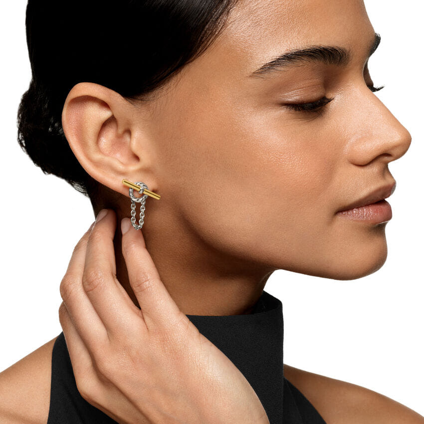 David Yurman DY Mercer Bold Toggle Chain Stud Earrings in Sterling Silver with 18K Yellow Gold, 50.4mm