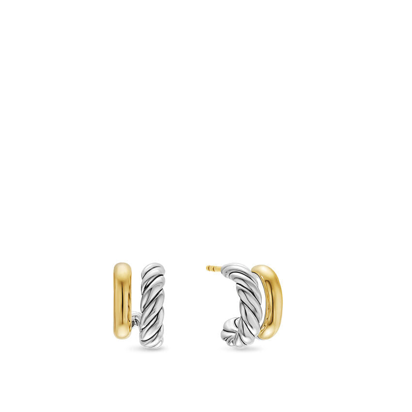 David Yurman DY Mercer Double Hoop Huggie Earrings in Sterling Silver with 18K Yellow Gold, 13.5mm