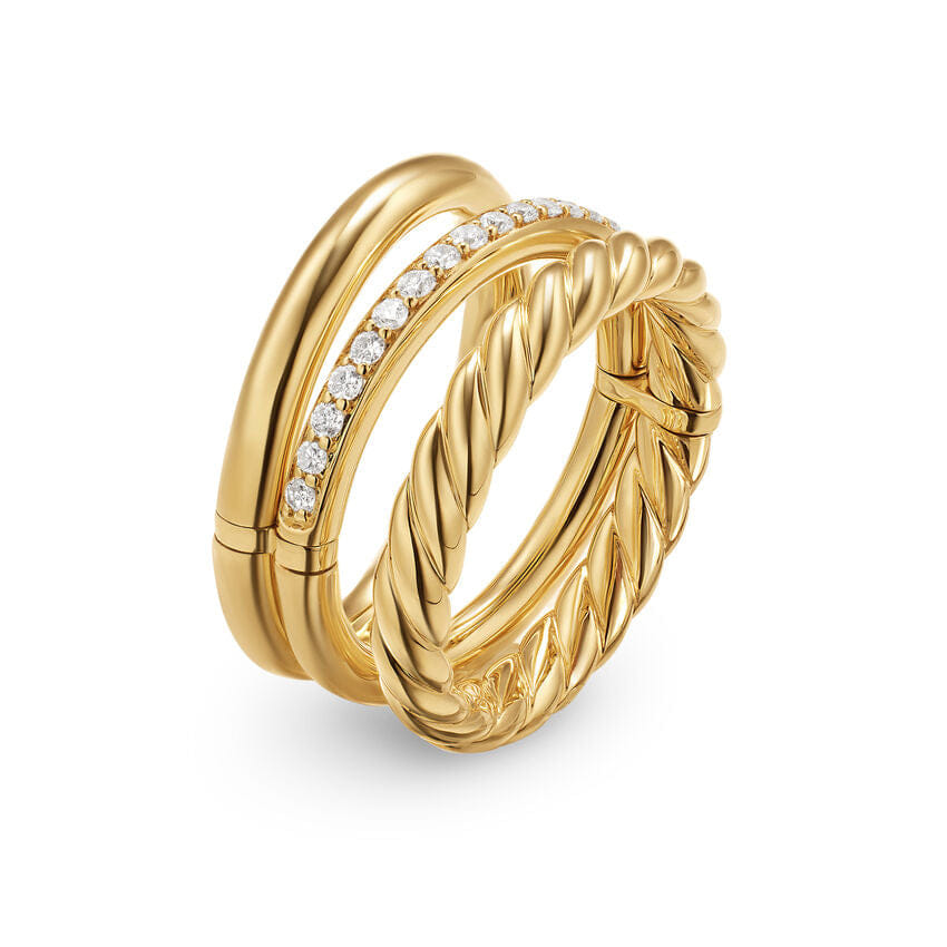 David Yurman DY Mercer Three Row Ring in 18K Yellow Gold with Diamonds, 8.9mm, Size 8