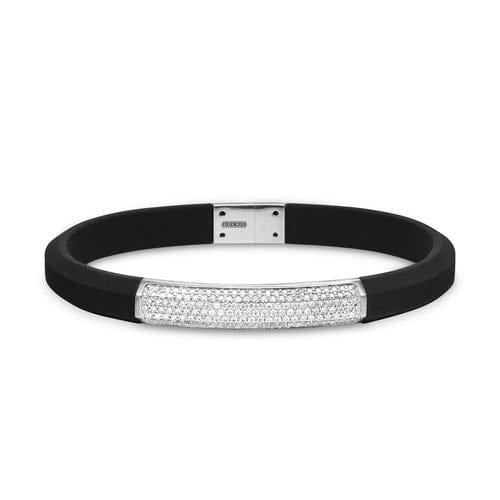 David Yurman Streamline Black Rubber Bracelet with Sterling Silver and Diamonds, 8mm, Size Medium