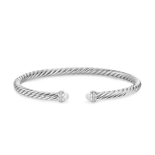 David Yurman Cablespira Flex Bracelet in Sterling Silver with Pearls and Diamonds, 4mm, Size Medium