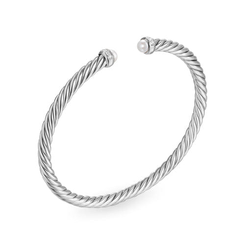 David Yurman Cablespira Flex Bracelet in Sterling Silver with Pearls and Diamonds, 4mm, Size Medium