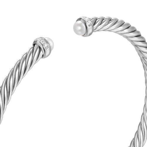 David Yurman Cablespira Flex Bracelet in Sterling Silver with Pearls and Diamonds, 4mm, Size Small