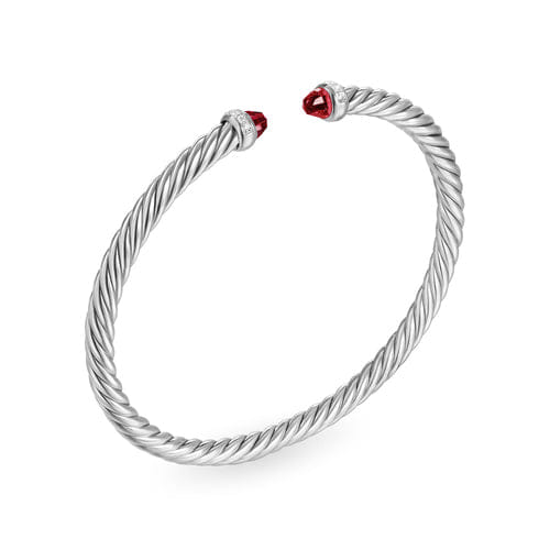 David Yurman Cablespira Flex Bracelet in Sterling Silver with Rhodolite Garnet and Diamonds, 4mm, Size Medium