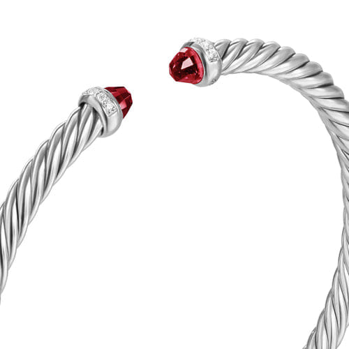 David Yurman Cablespira Flex Bracelet in Sterling Silver with Rhodolite Garnet and Diamonds, 4mm, Size Medium