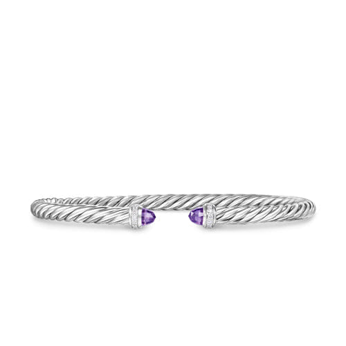 David Yurman Cablespira Flex Bracelet in Sterling Silver with Amethyst and Diamonds, 4mm, Size Medium