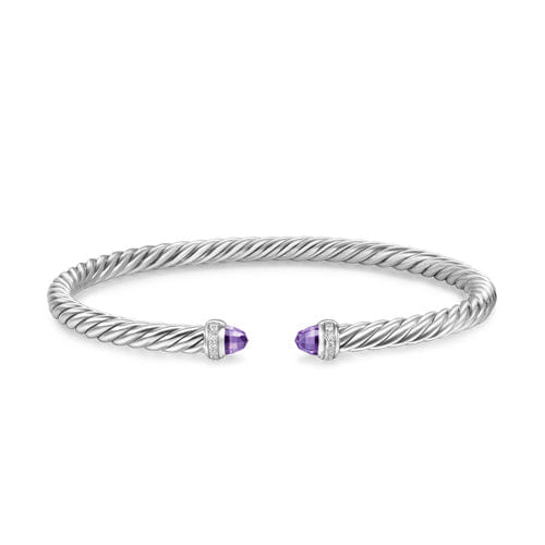David Yurman Cablespira Flex Bracelet in Sterling Silver with Amethyst and Diamonds, 4mm, Size Medium