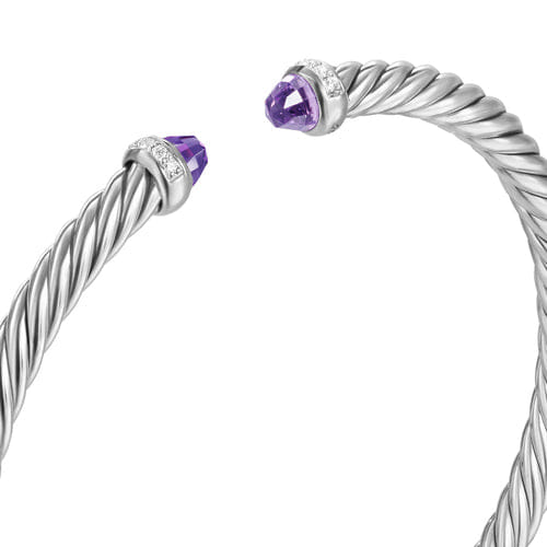 David Yurman Cablespira Flex Bracelet in Sterling Silver with Amethyst and Diamonds, 4mm, Size Medium