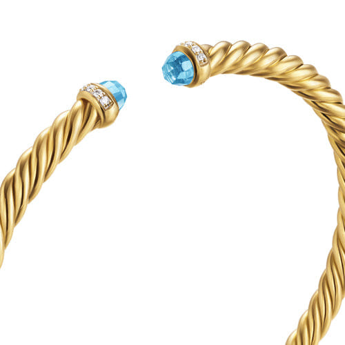David Yurman Cablespira Flex Bracelet in 18K Yellow Gold with Blue Topaz and Diamonds, 4mm, Size Medium
