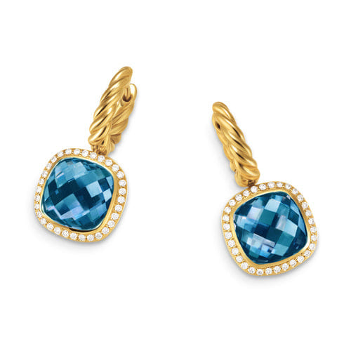 David Yurman Albion Drop Earrings in 18K Yellow Gold with Hampton Blue Topaz and Diamonds, 10mm