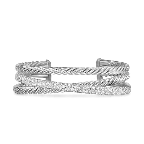 David Yurman Crossover Three Row Cuff Bracelet in Sterling Silver with Diamonds, 20mm, Size Medium