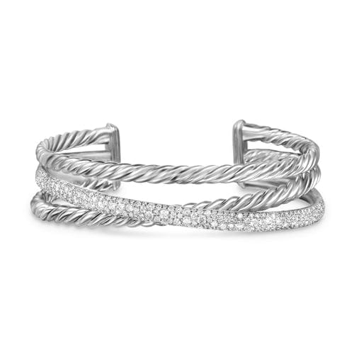 David Yurman Crossover Three Row Cuff Bracelet in Sterling Silver with Diamonds, 20mm, Size Medium
