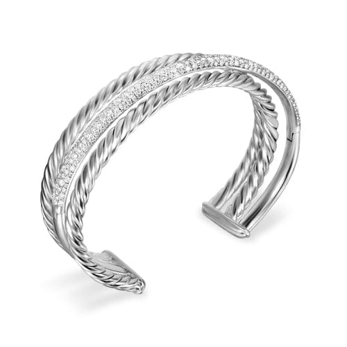 David Yurman Crossover Three Row Cuff Bracelet in Sterling Silver with Diamonds, 20mm, Size Medium