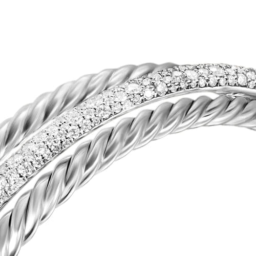 David Yurman Crossover Three Row Cuff Bracelet in Sterling Silver with Diamonds, 20mm, Size Medium