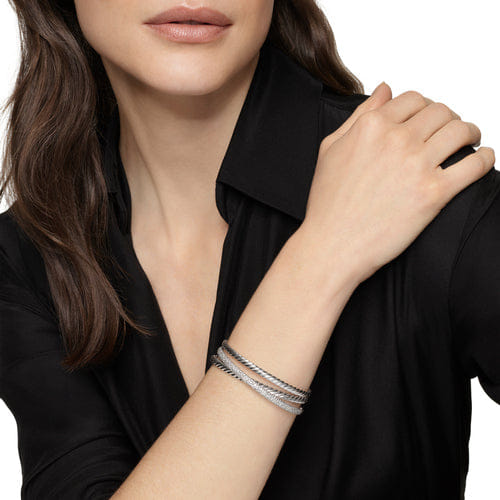 David Yurman Crossover Three Row Cuff Bracelet in Sterling Silver with Diamonds, 20mm, Size Medium
