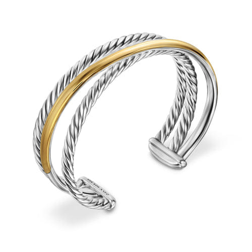 David Yurman Crossover Three Row Cuff Bracelet in Sterling Silver with 14K Yellow Gold, 20mm, Size Large