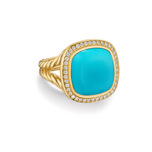 David Yurman Albion Ring in 18K Yellow Gold with Turquoise and Diamonds, 15mm, Size 6