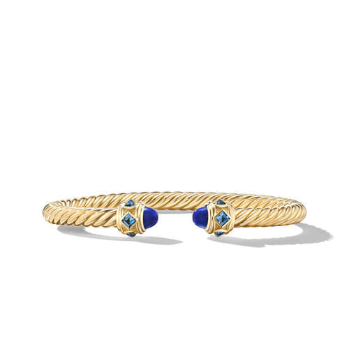 David Yurman Renaissance Cablespira Bracelet in 18K Yellow Gold with Lapis and Hampton Blue Topaz, 5mm, Size Medium