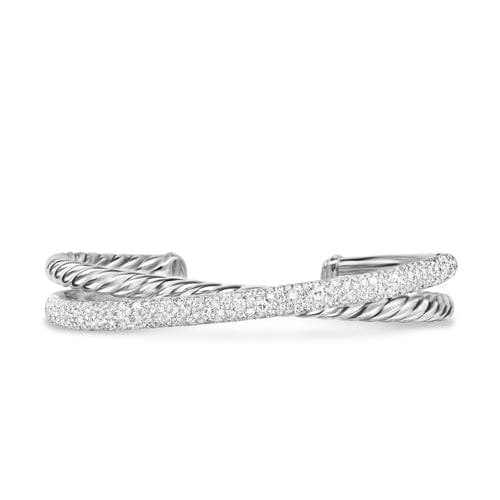 David Yurman Crossover Two Row Cuff Bracelet in Sterling Silver with Diamonds, 11mm, Size Medium